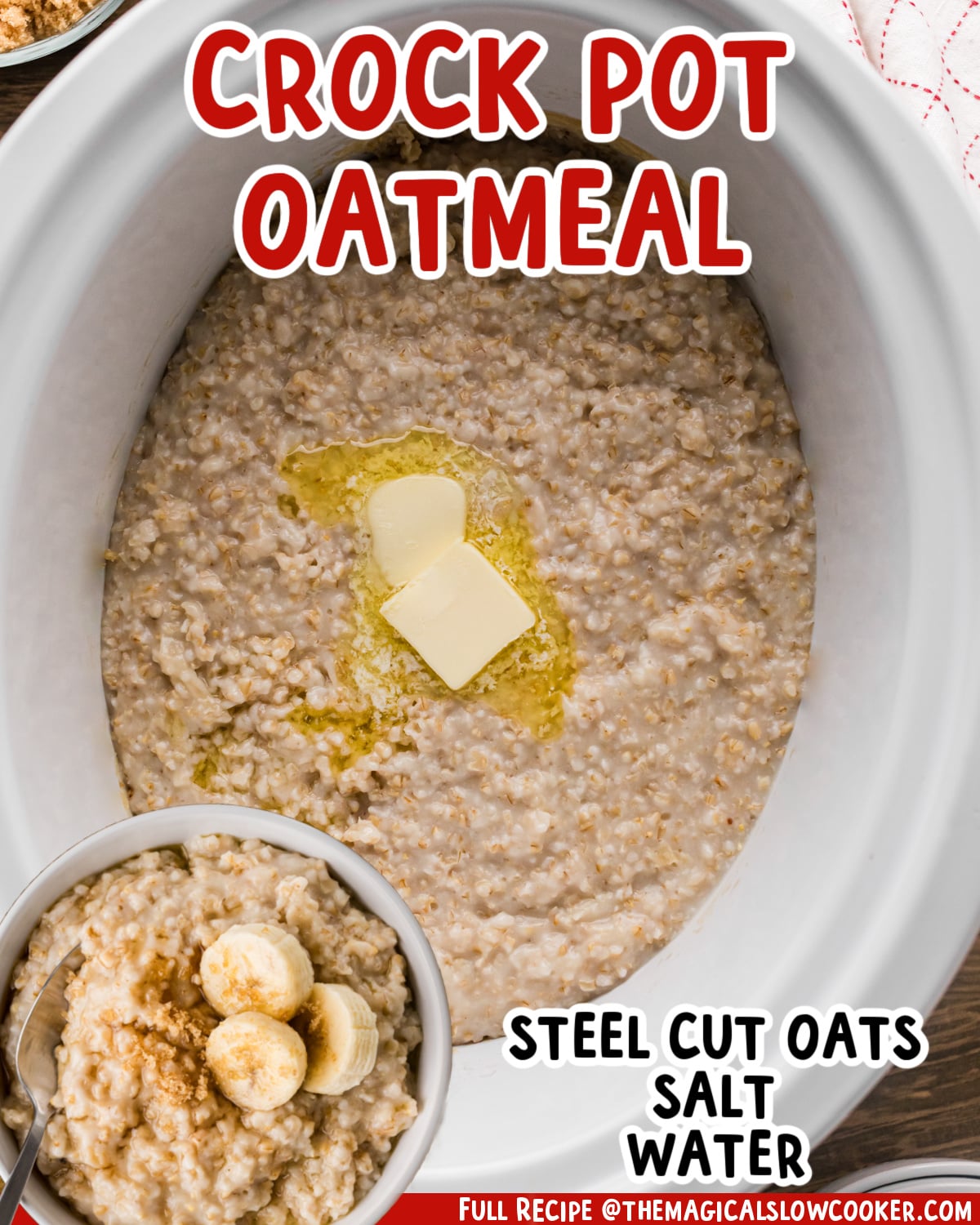 Two images of crockpot oatmeal with text list of ingredients.
