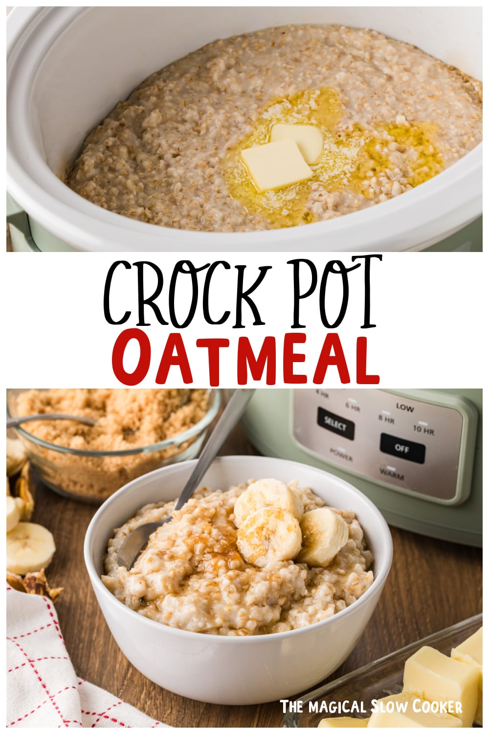Two images of crockpot oatmeal for pinterest.
