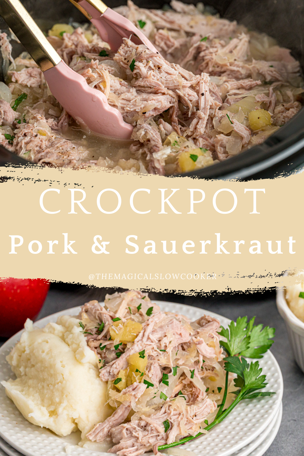 Two images of slow cooker pork and sauerkraut with text overlay.