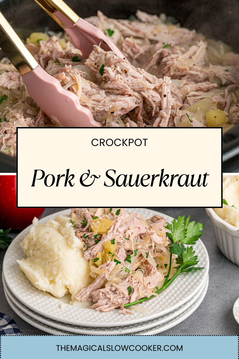 Two images of pork and sauerkraut with text overlay.