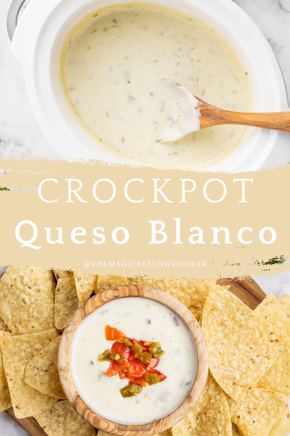 Queso blanco in a slow cooker and in a bowl.
