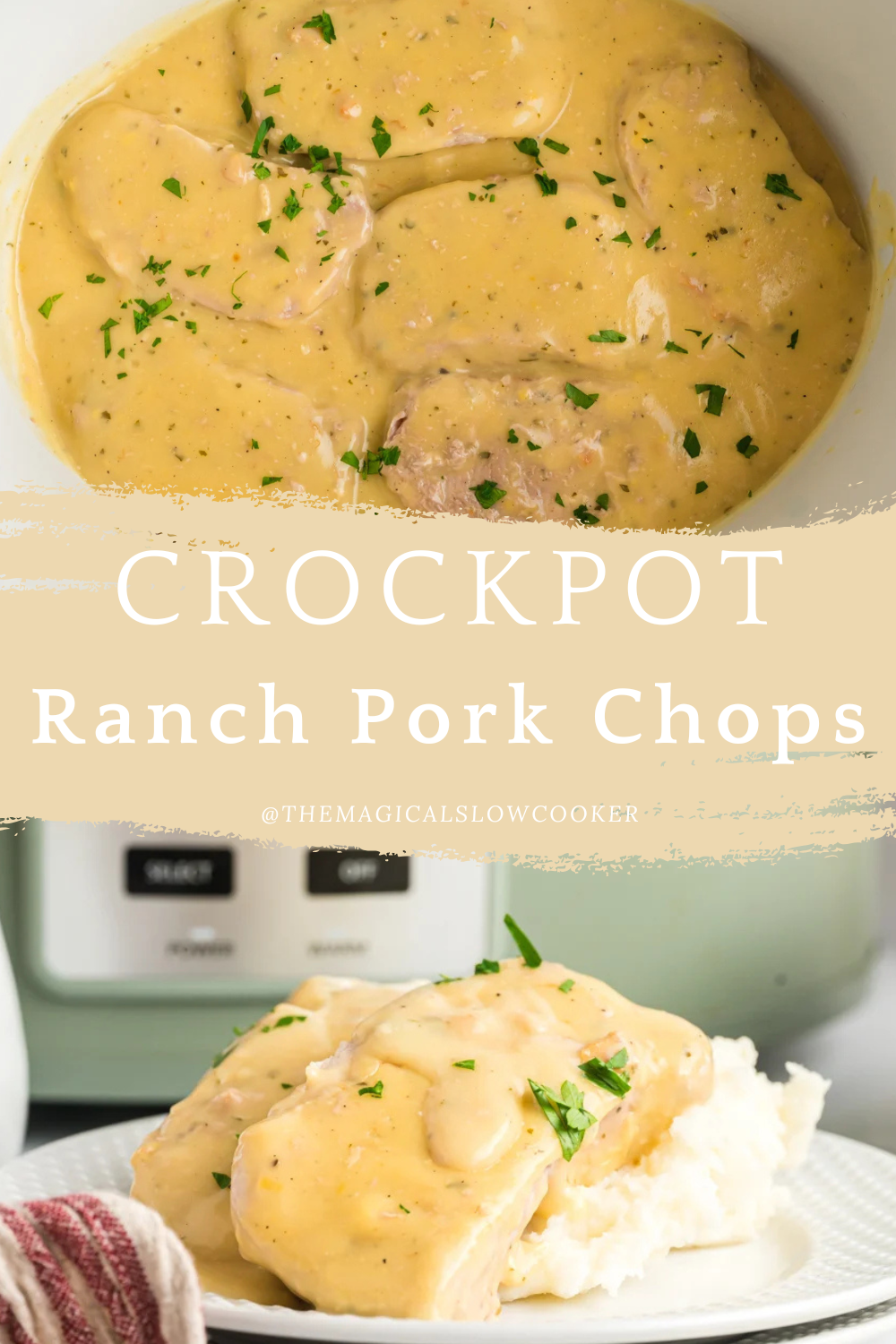Two images of crockpot ranch pork chops with text overlay.
