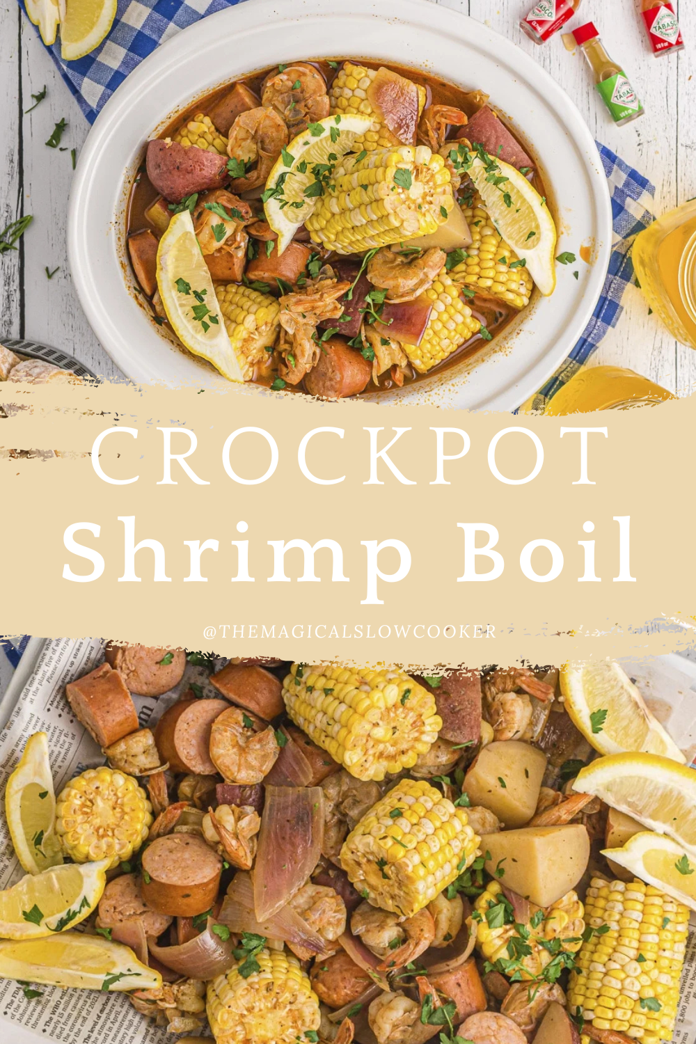 Two images of crockpot shrimp boil with text overlay.