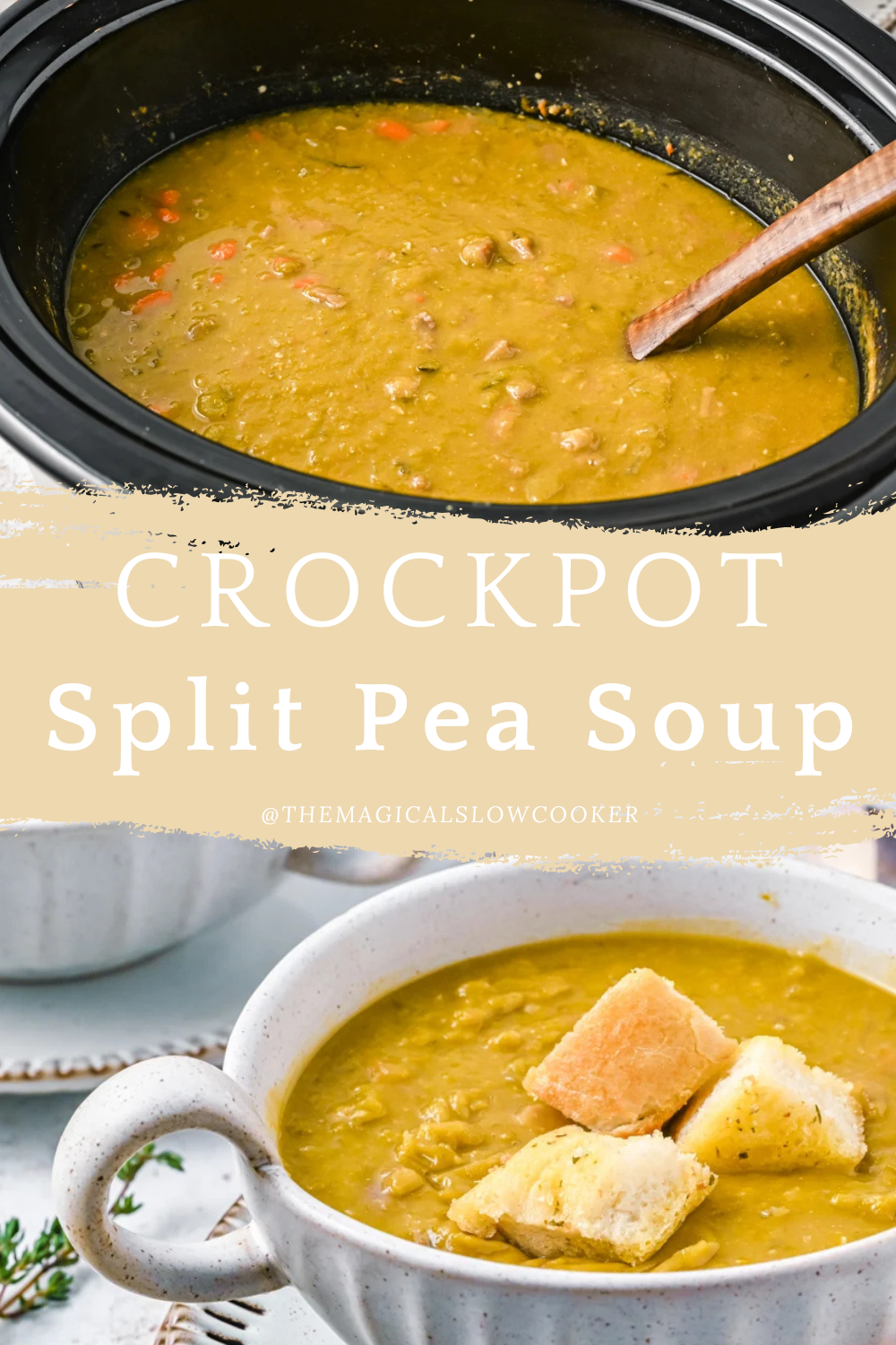 Split pea in a slow cooker and in a bowl.