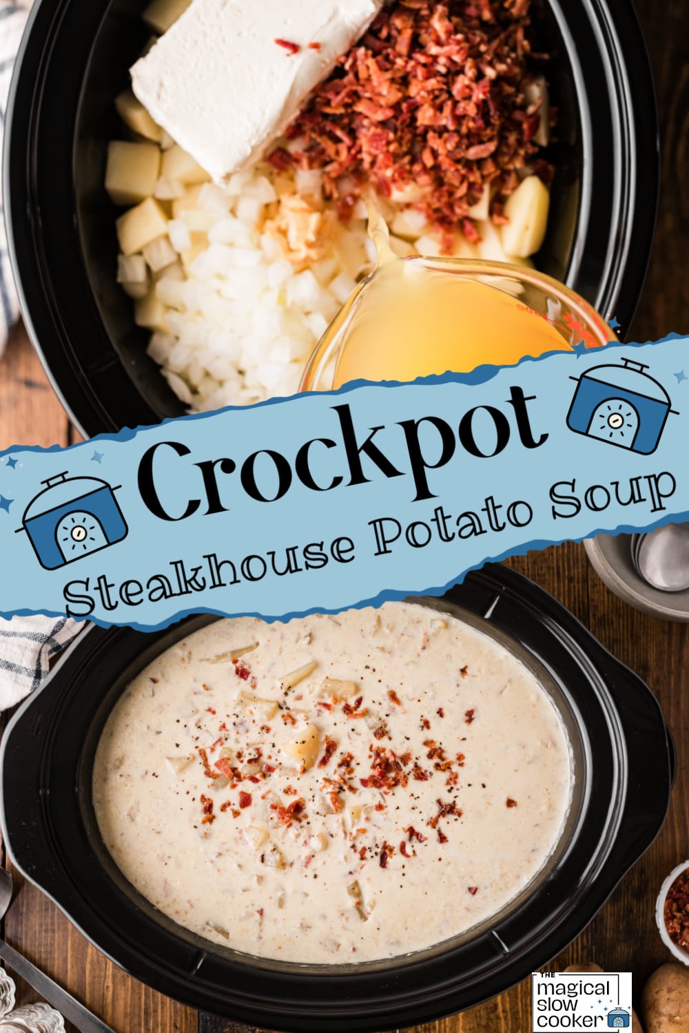 2 images of steakhouse potato bacon soup with blue overlay.