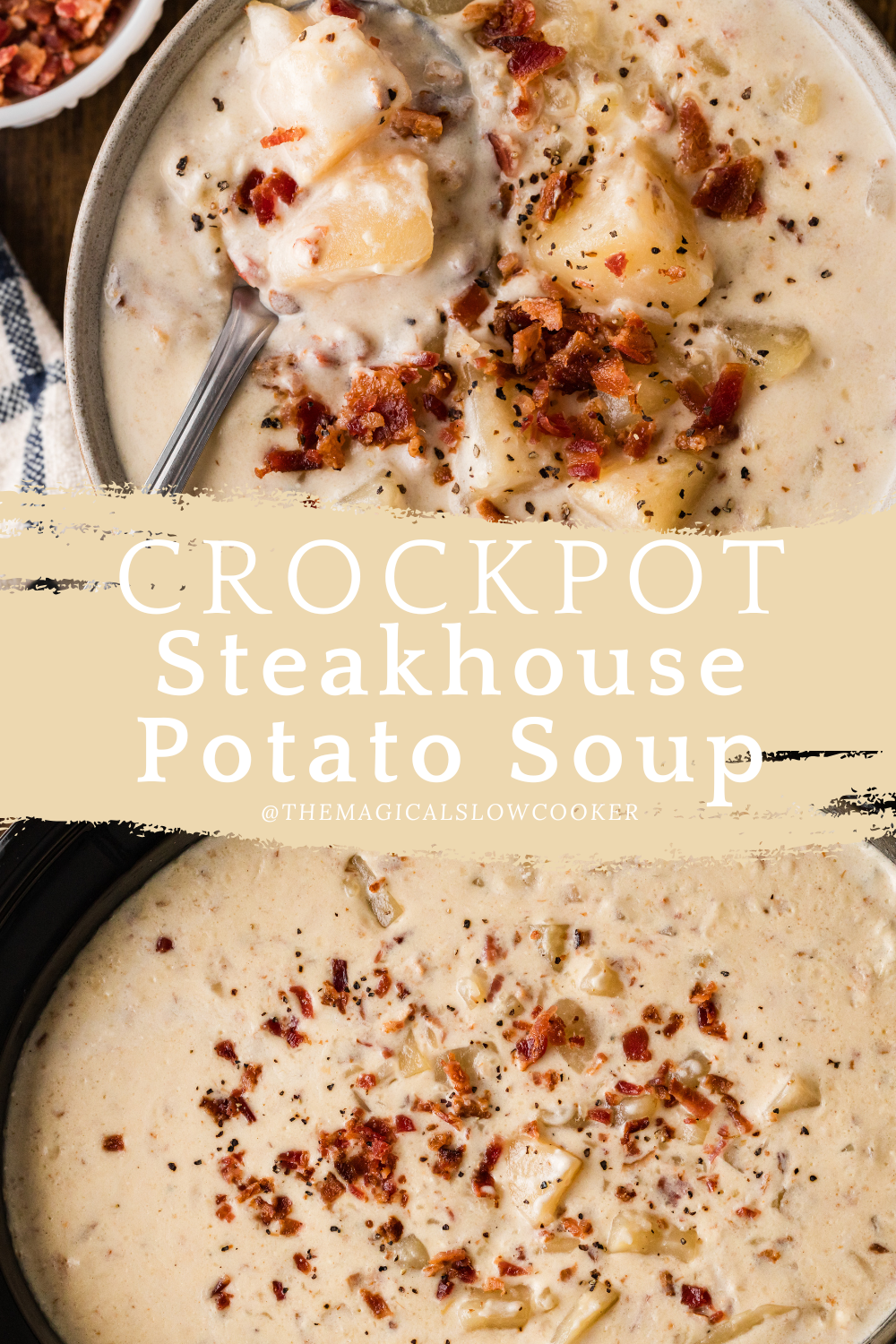 bowl and crockpot full of potato soup.