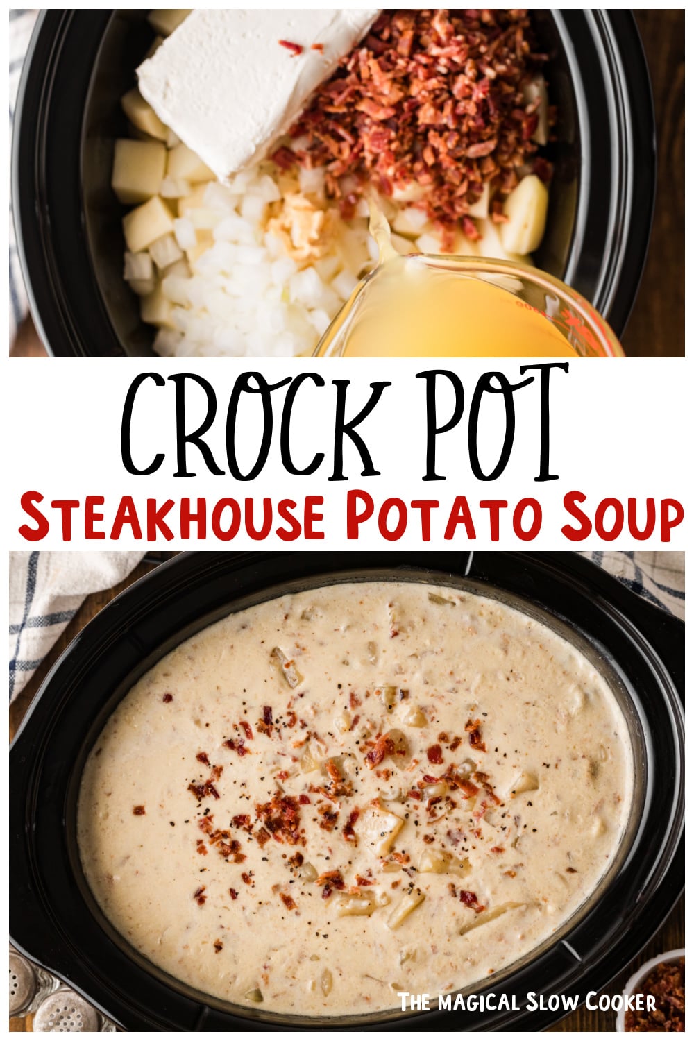 before and after cooking steakhouse potato soup for pinterest.