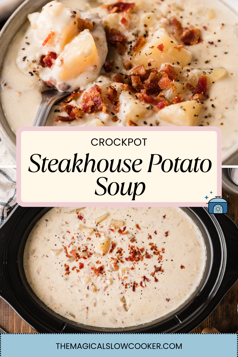2 images of steakhouse potato soup in a crockpot.