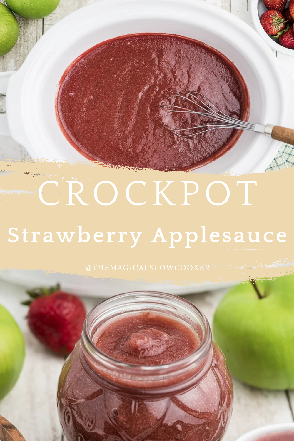strawberry applesauce in a slow cooker and in a jar.