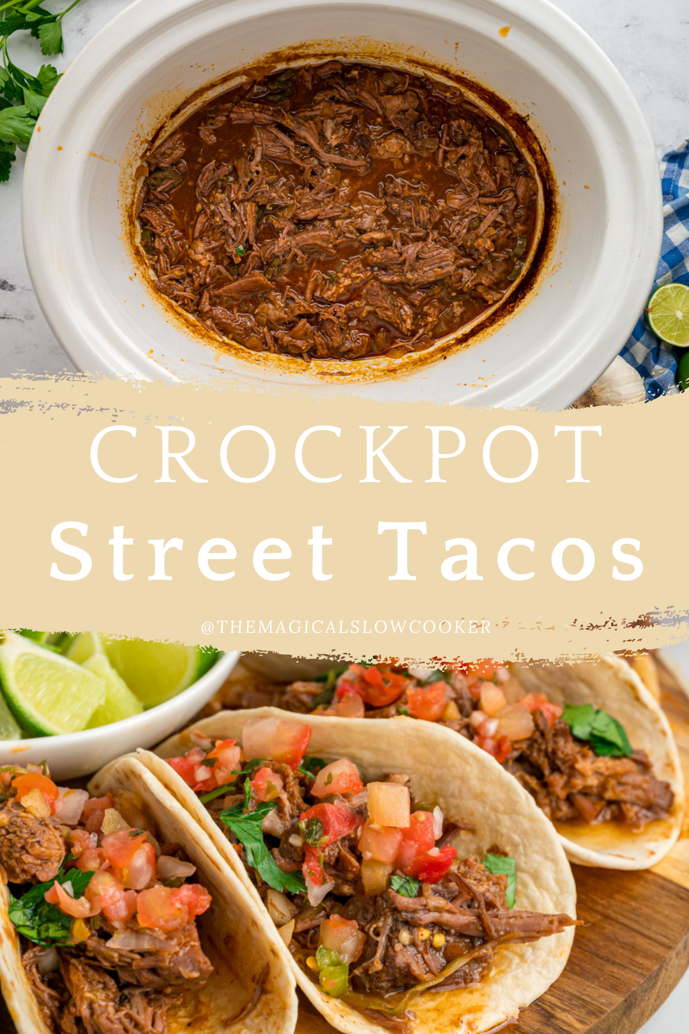 street tacos in a slow cooker and on a plate.