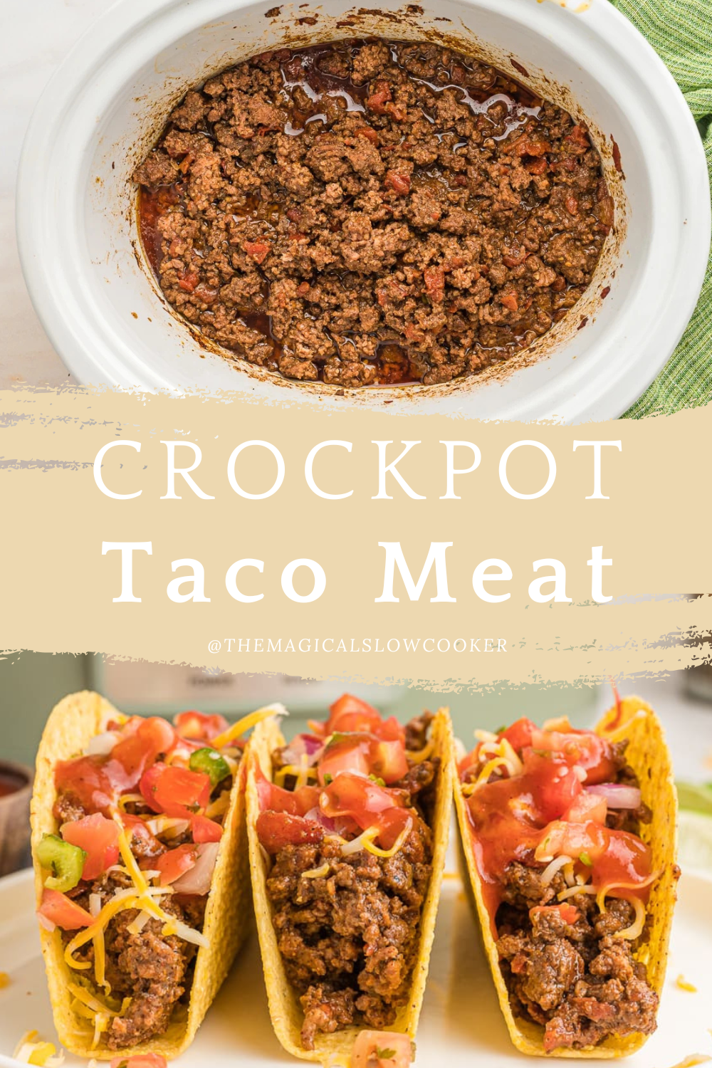 taco meat in a slow cooker and in taco shells.