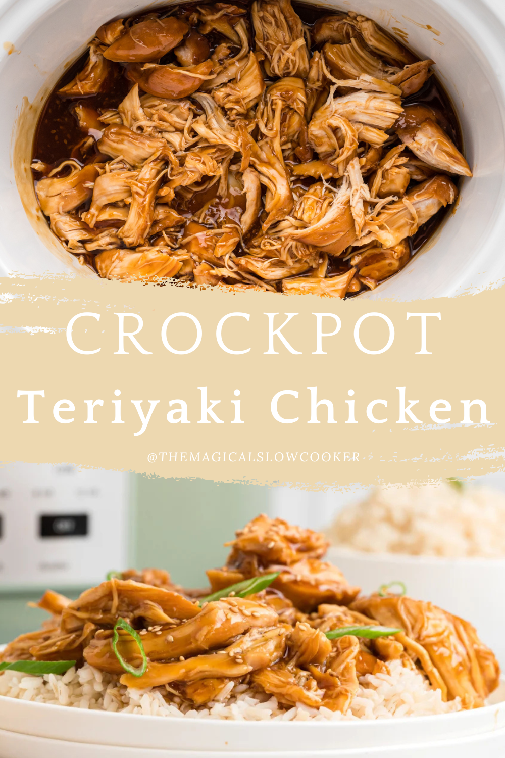 teriyaki chicken in a slow cooker and in on a plate.