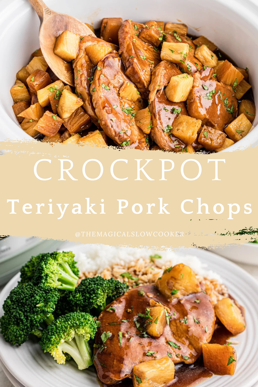 teriyaki pork chops in a slow cooker and on a plate.
