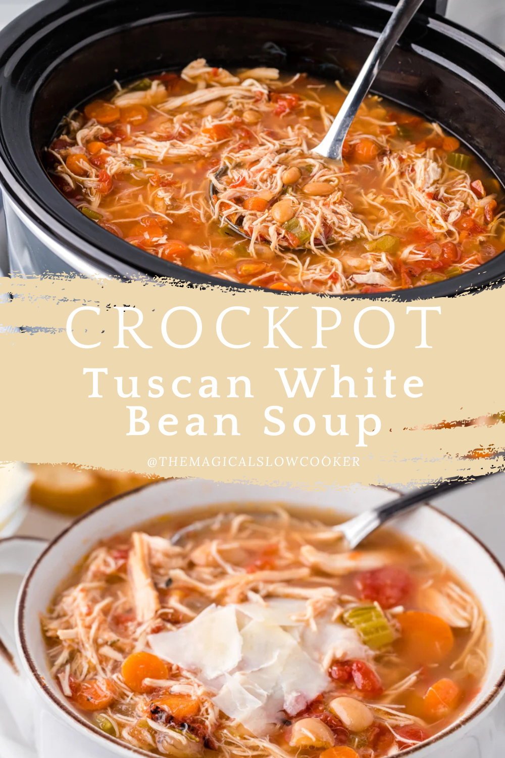 tuscan bean soup in a slow cooker and in a bowl.