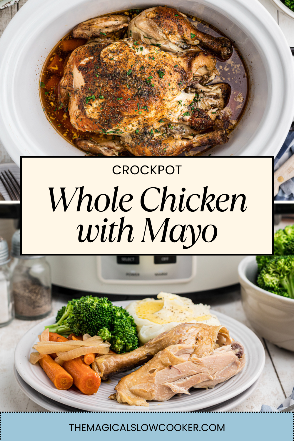 whole chicken with mayo in a slow cooker.