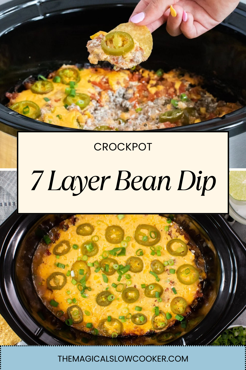 Two images of 7 Layer Bean Dip with text overlay.