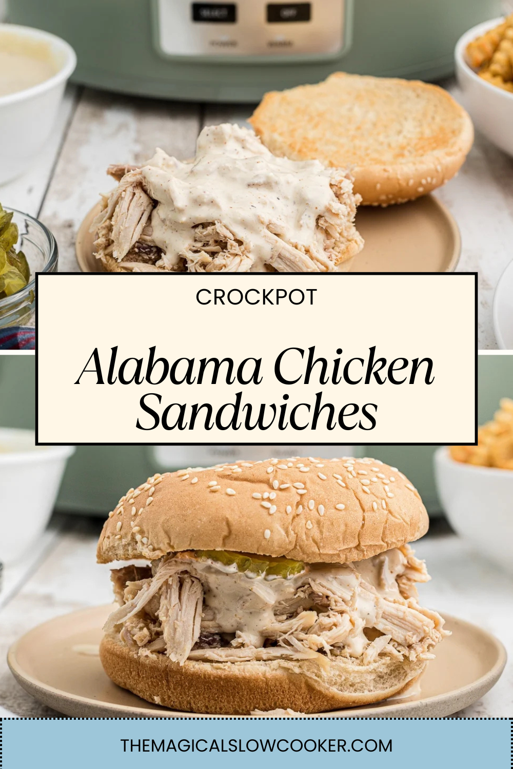 Two images of alabama chicken sandwiches with text overlay.