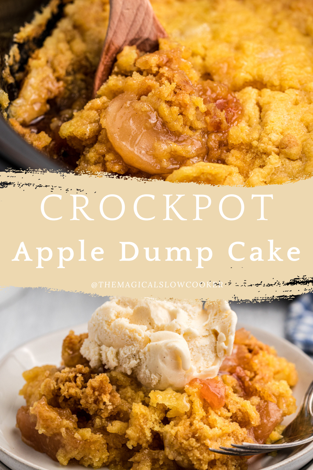 Two images of crockpot apple dump cake with text overlay.