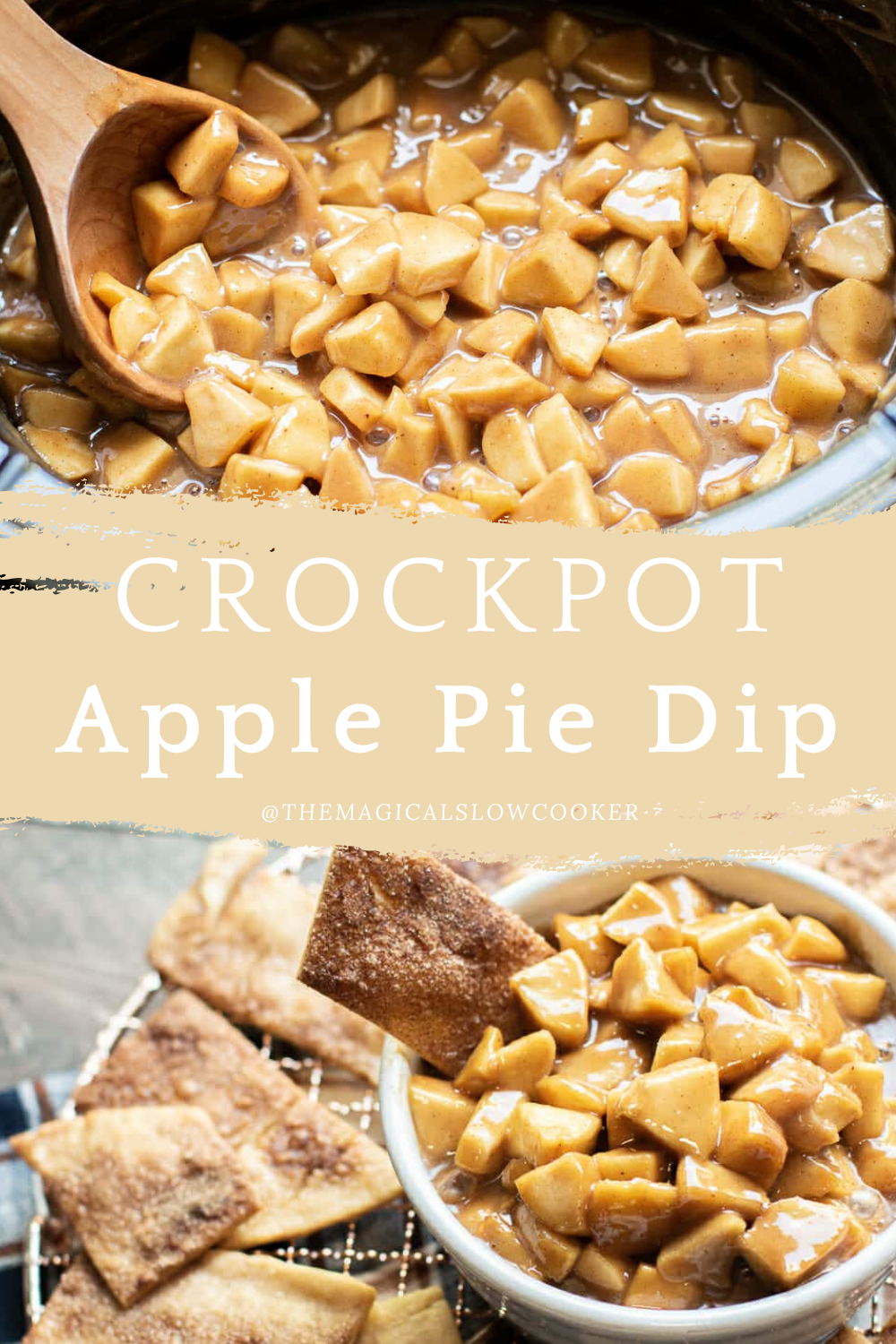 Two images of crockpot apple pie dip with text overlay.