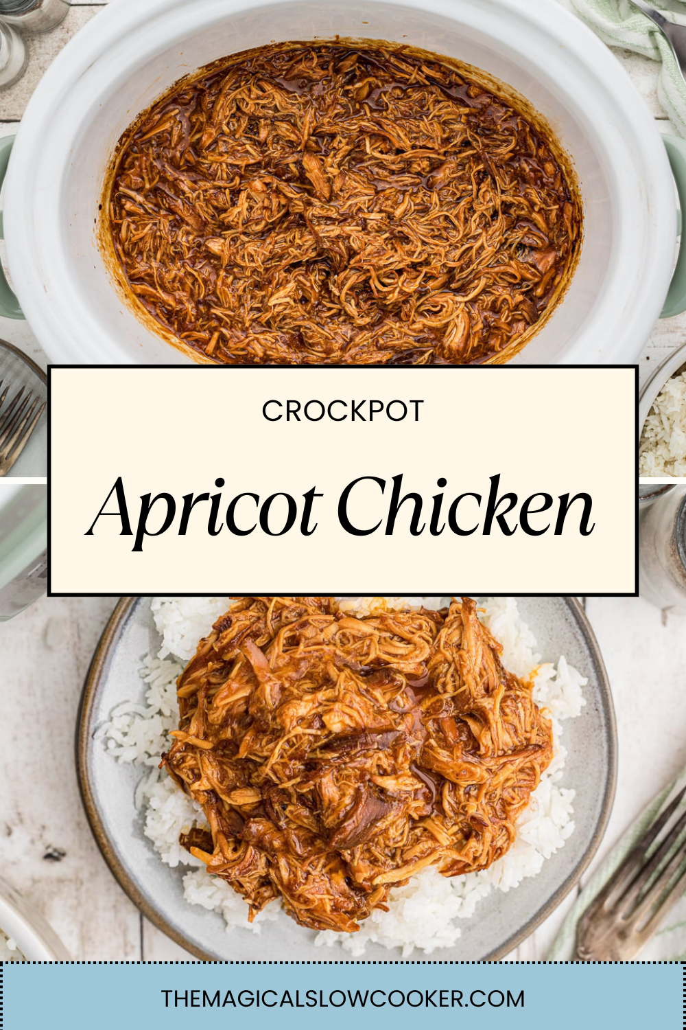 Two images of crockpot apricot chicken with text overlay.