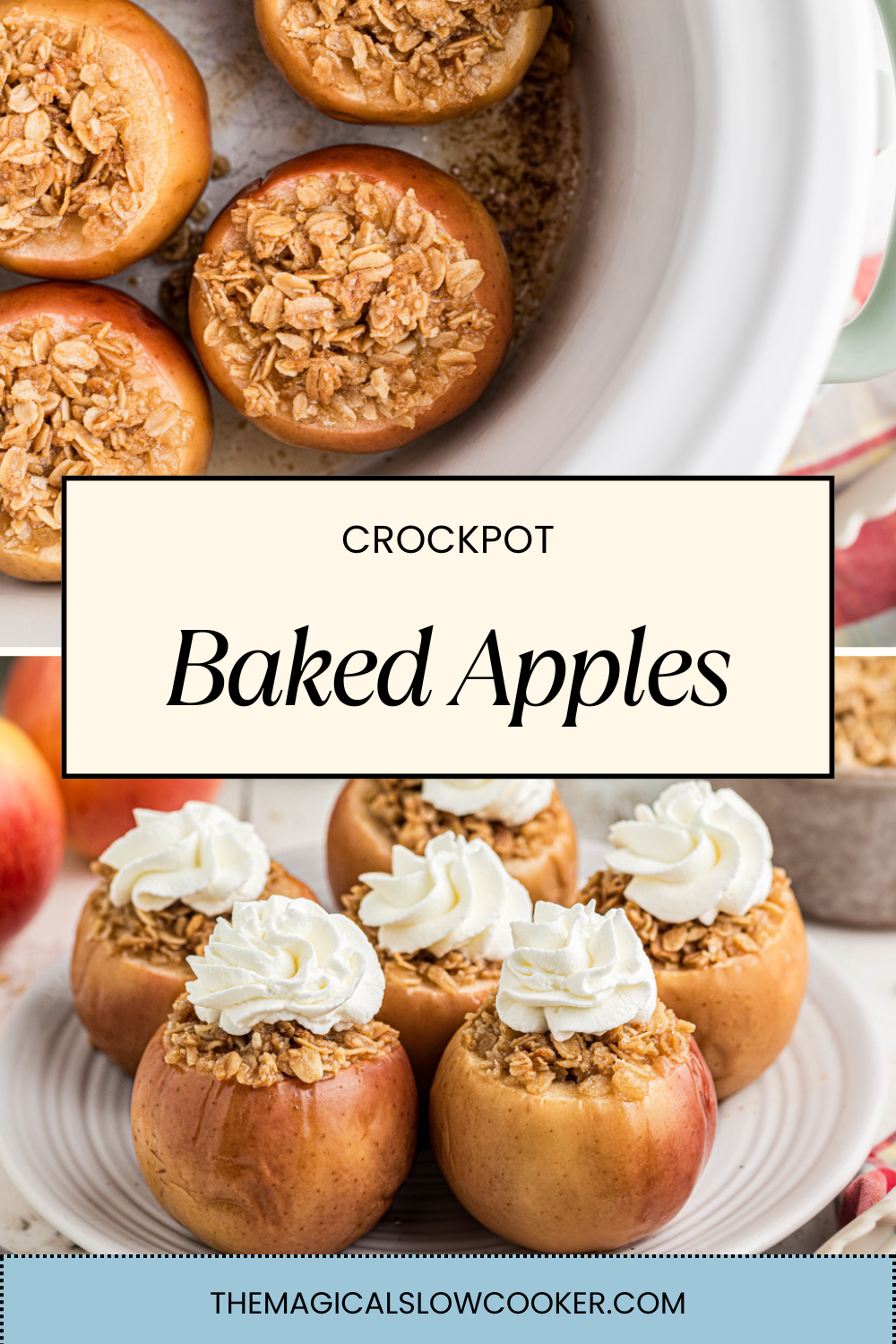 Two images of crockpot baked apples with text overlay.