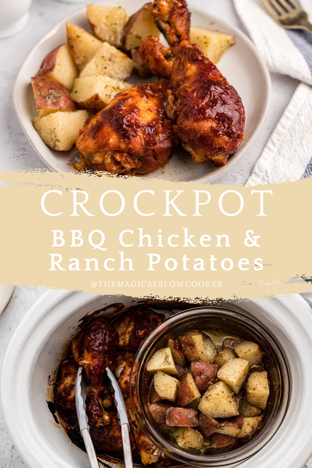 Two images of bbq chicken and ranch potatoes with text overlay.
