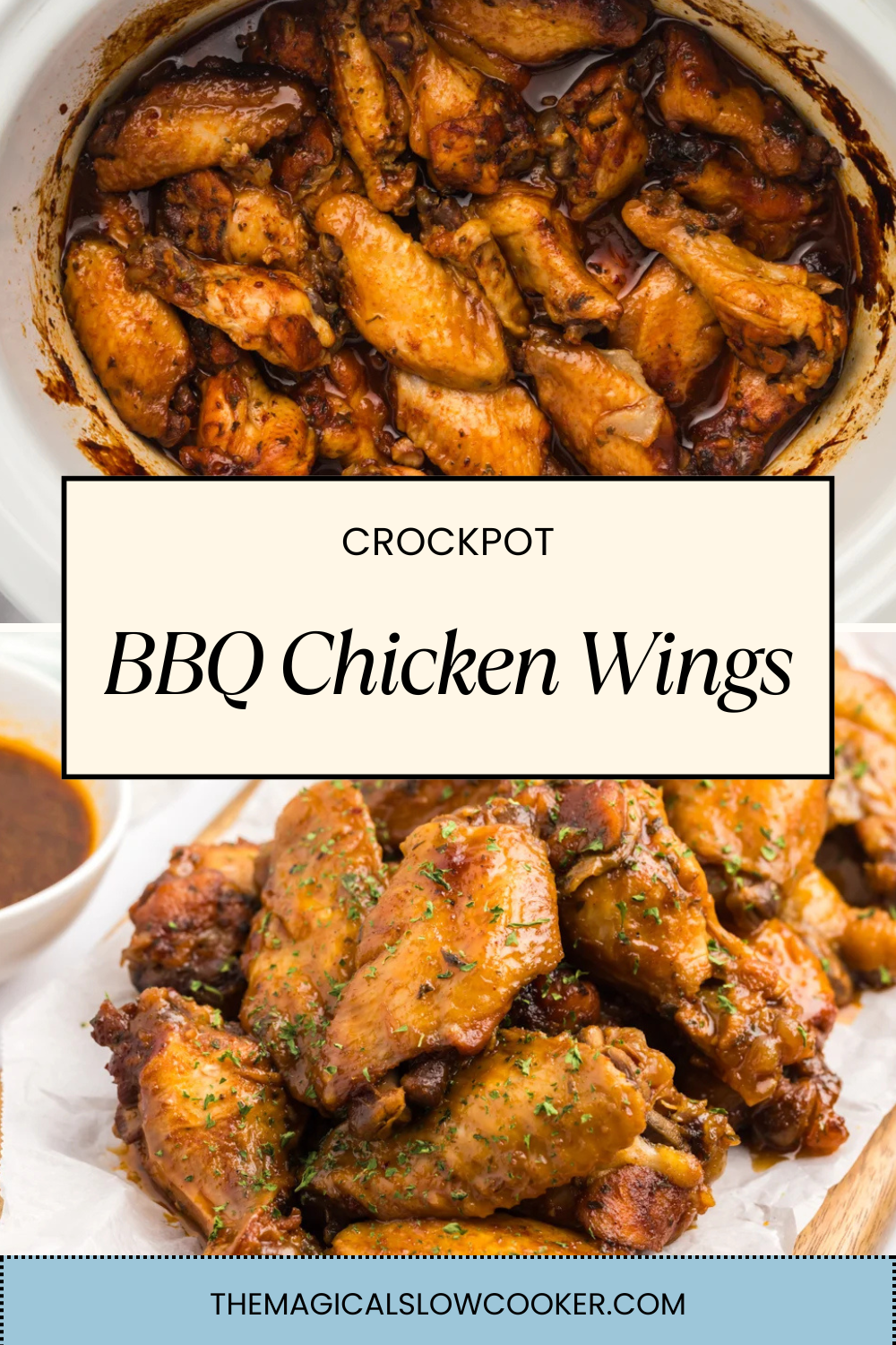 Two images of crockpot bbq chicken wings with text overlay.