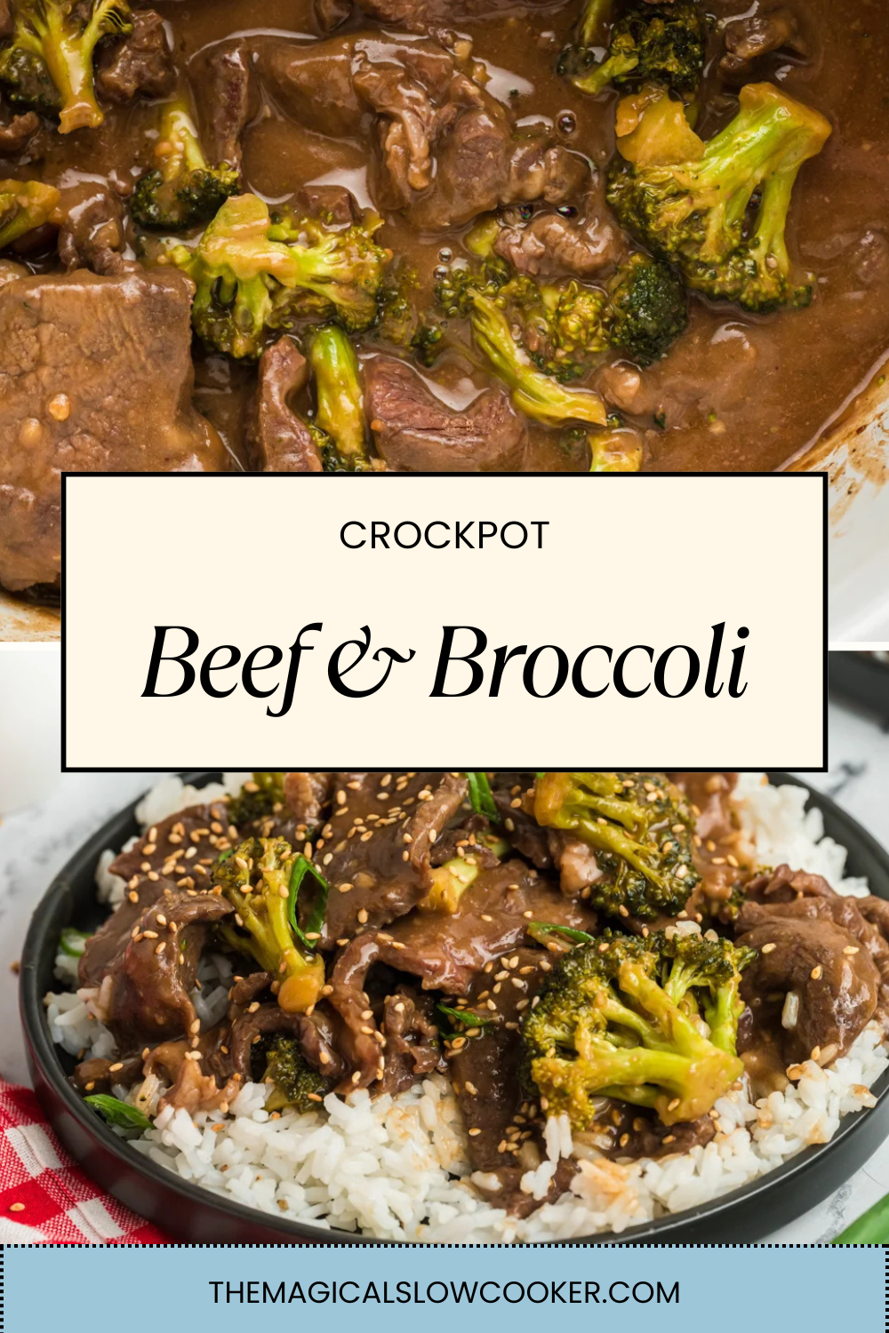 Two images of crockpot beef and broccoli with text overlay.
