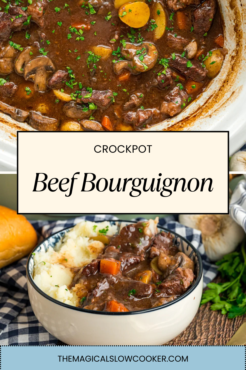 Two images of crockpot beef bourguignon with text overlay.
