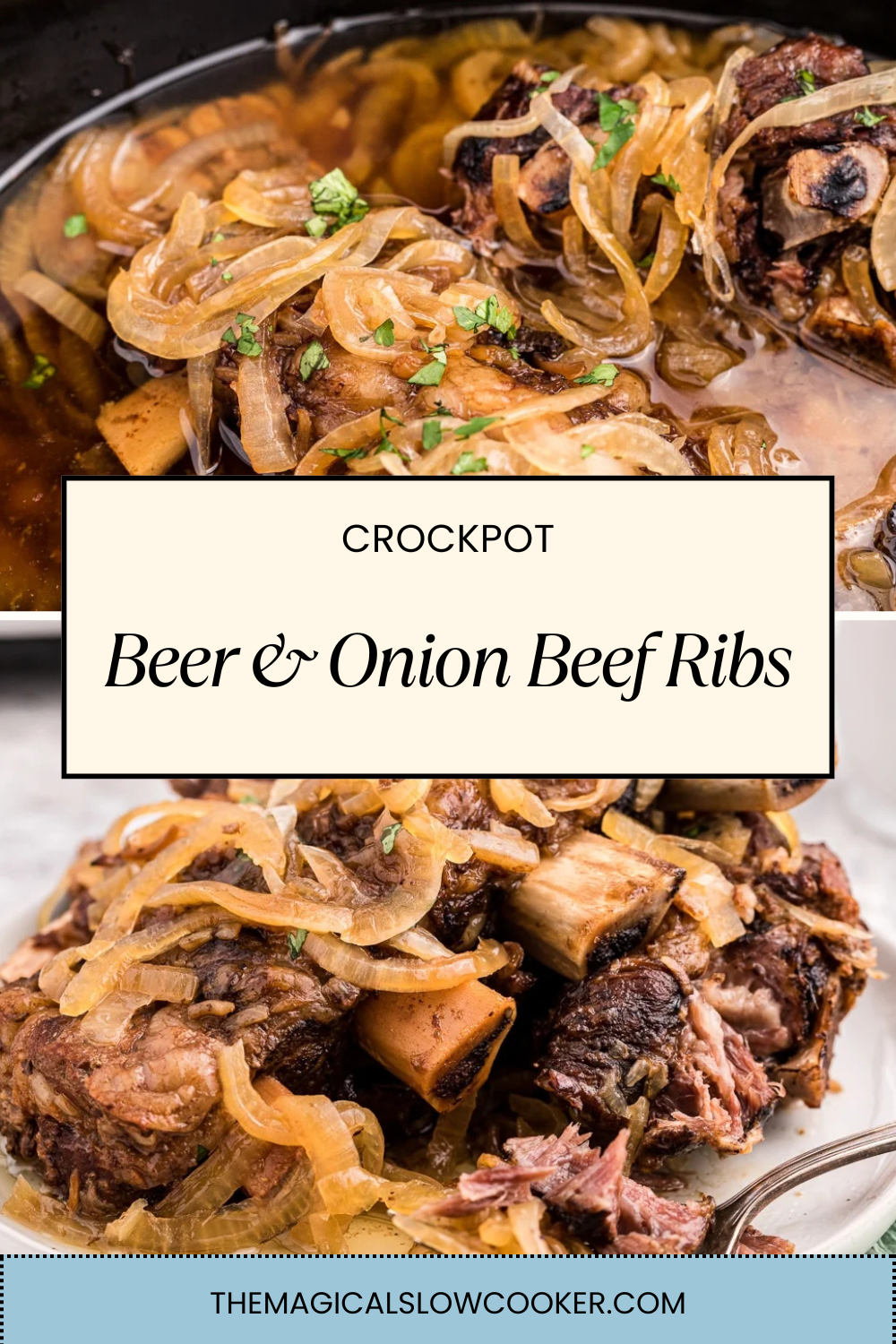 Two images of beer and onion beef ribs with text overlay.