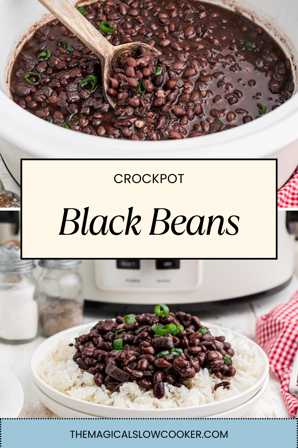 Two images of crockpot black beans with text overlay.