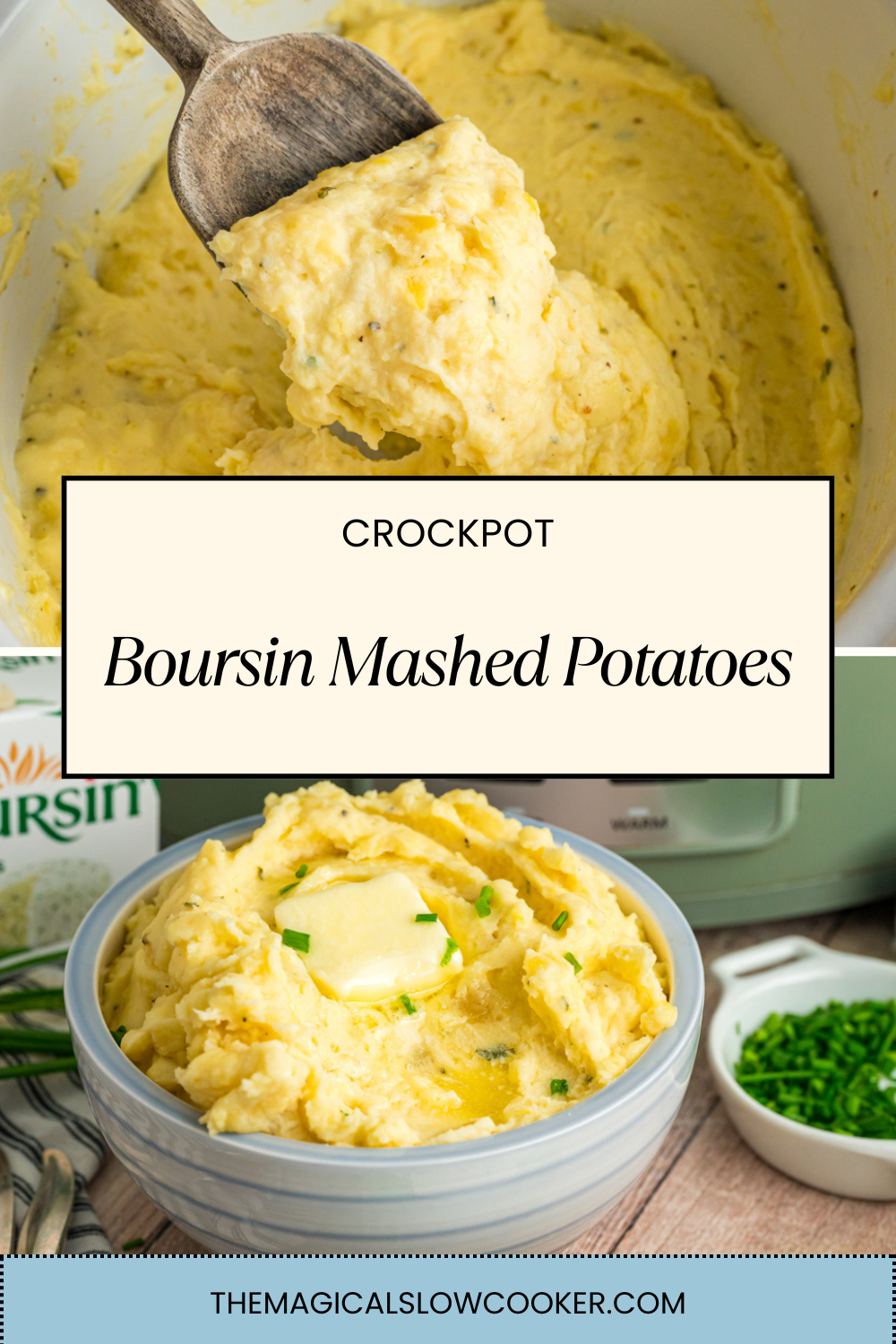 Two images of crockpot boursin mashed potatoes with text overlay.