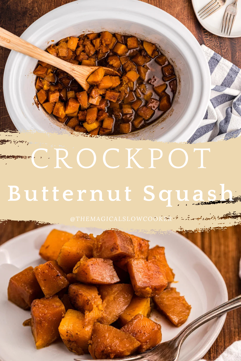 Two images of crockpot butternut squash with text overlay.