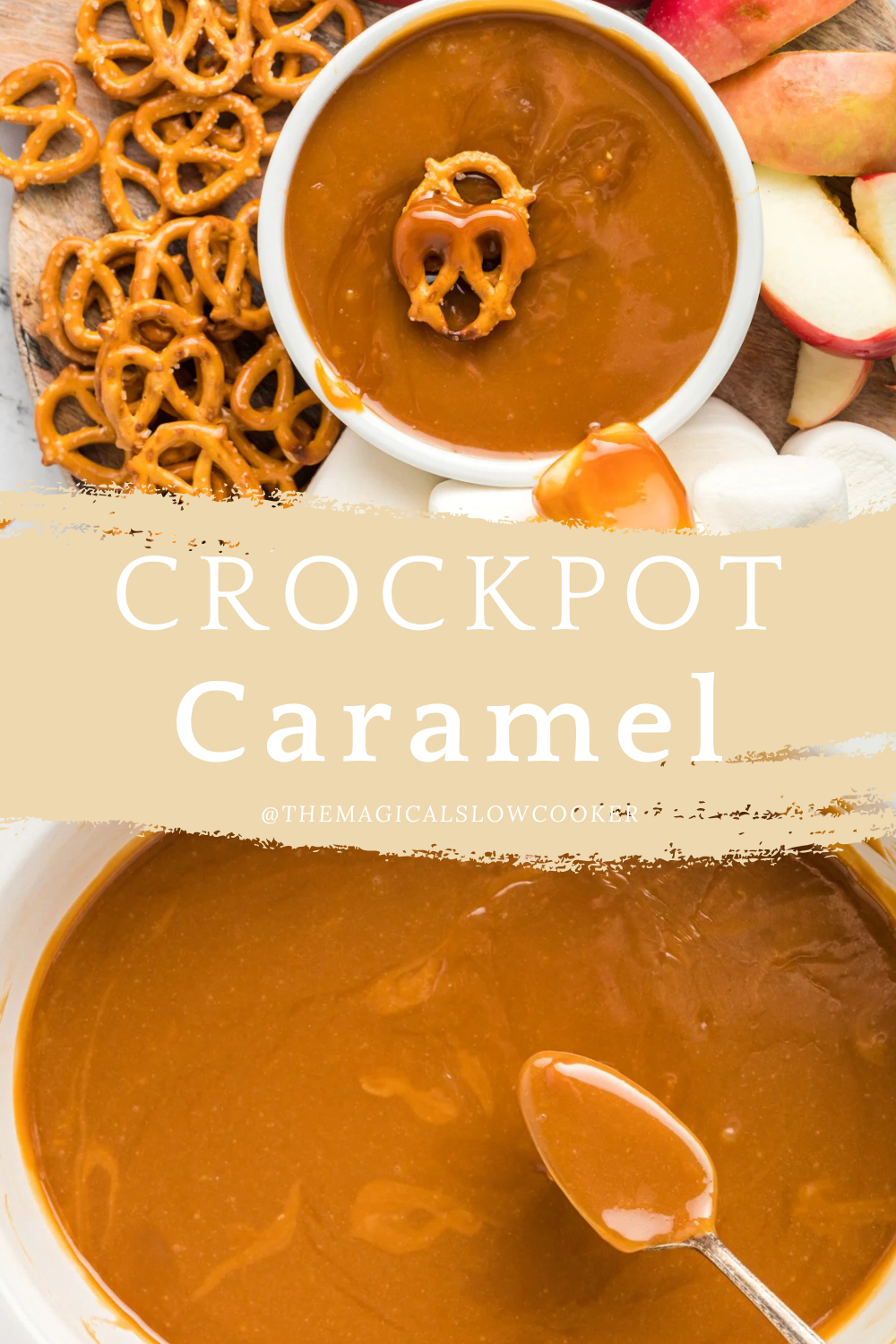 Two images of crockpot caramel with text overlay.