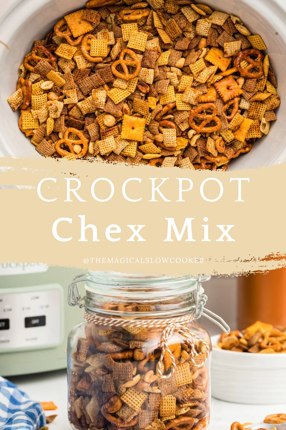 Two images of crockpot chex mix with text overlay.