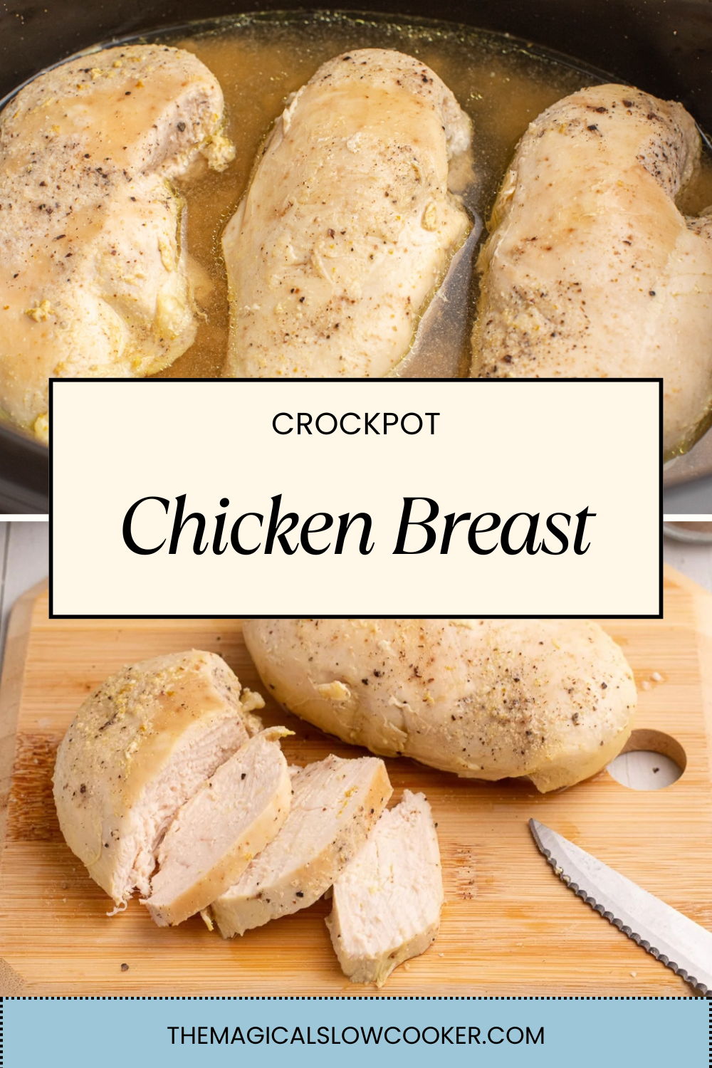 Two images of crockpot chicken breast with text overlay.