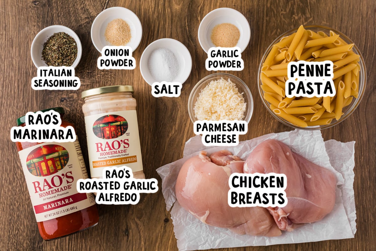 Ingredients for chicken pasta rosa on a table.