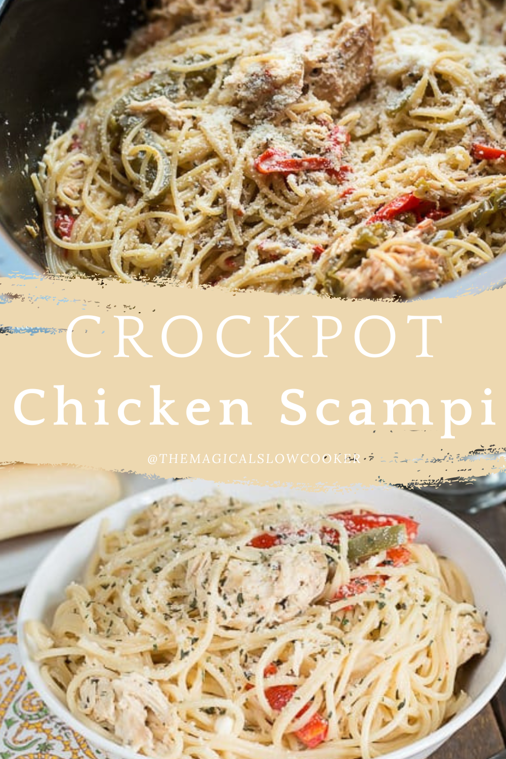 Two images of crockpot chicken scampi with text overlay.