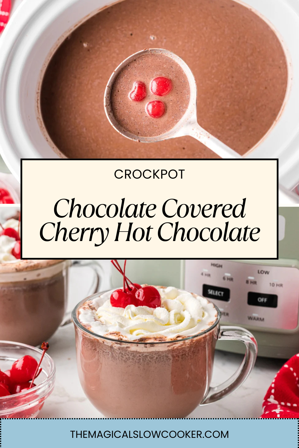 Two images of chocolate covered cherry hot chocolate with text overlay.
