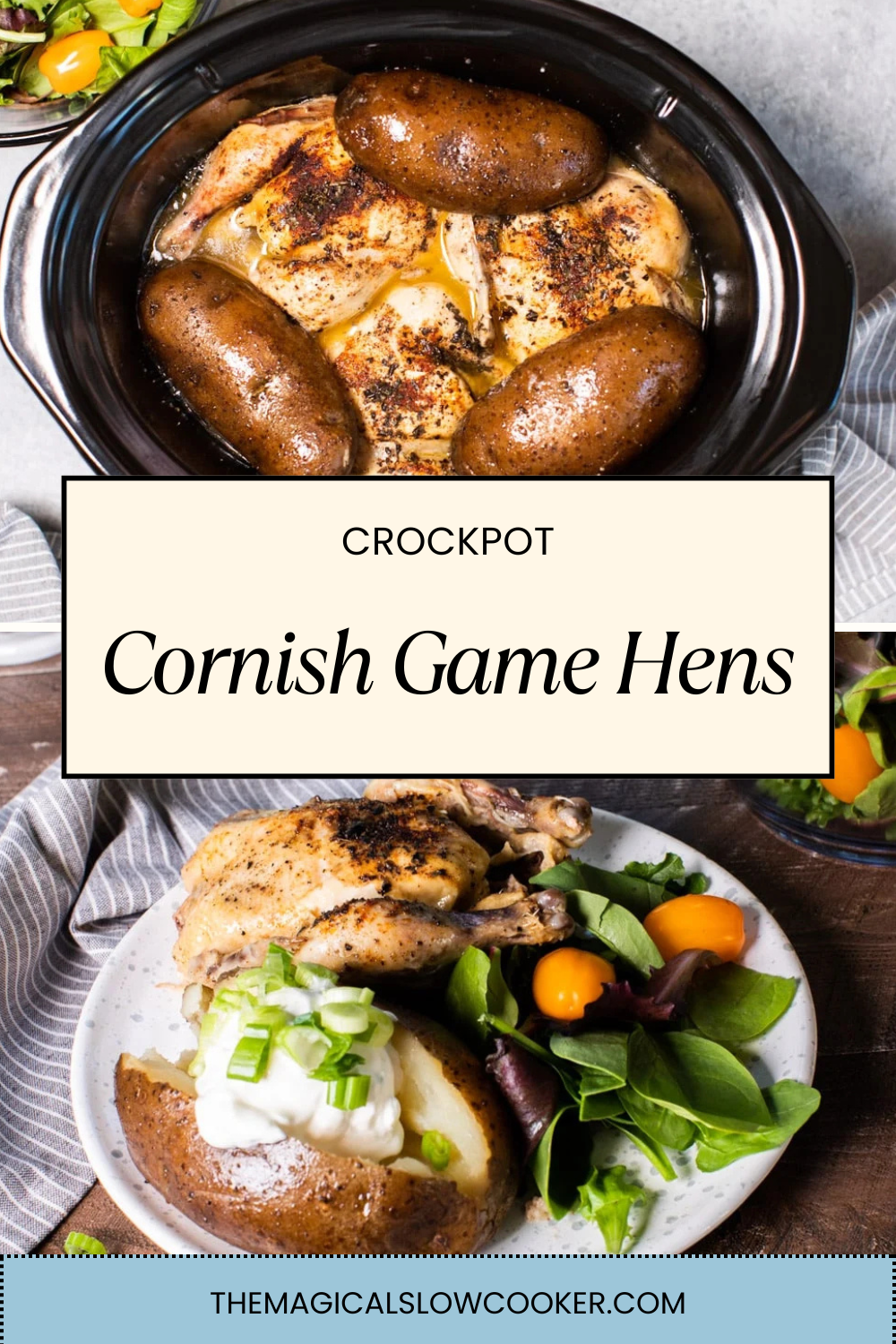 Two images of crockpot cornish game hens with text overlay.