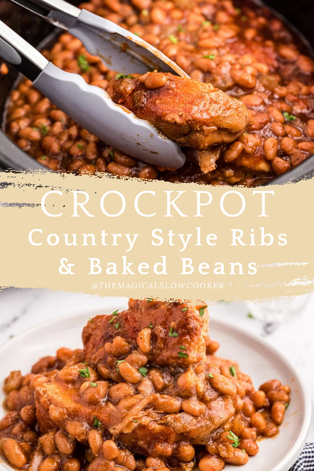 Two images of country style ribs and baked beans with text overlay.