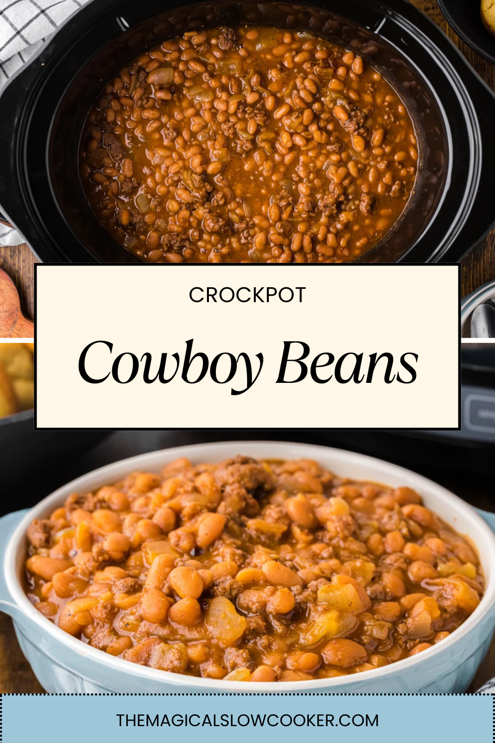 Two images of cowboy beans with text overlay.