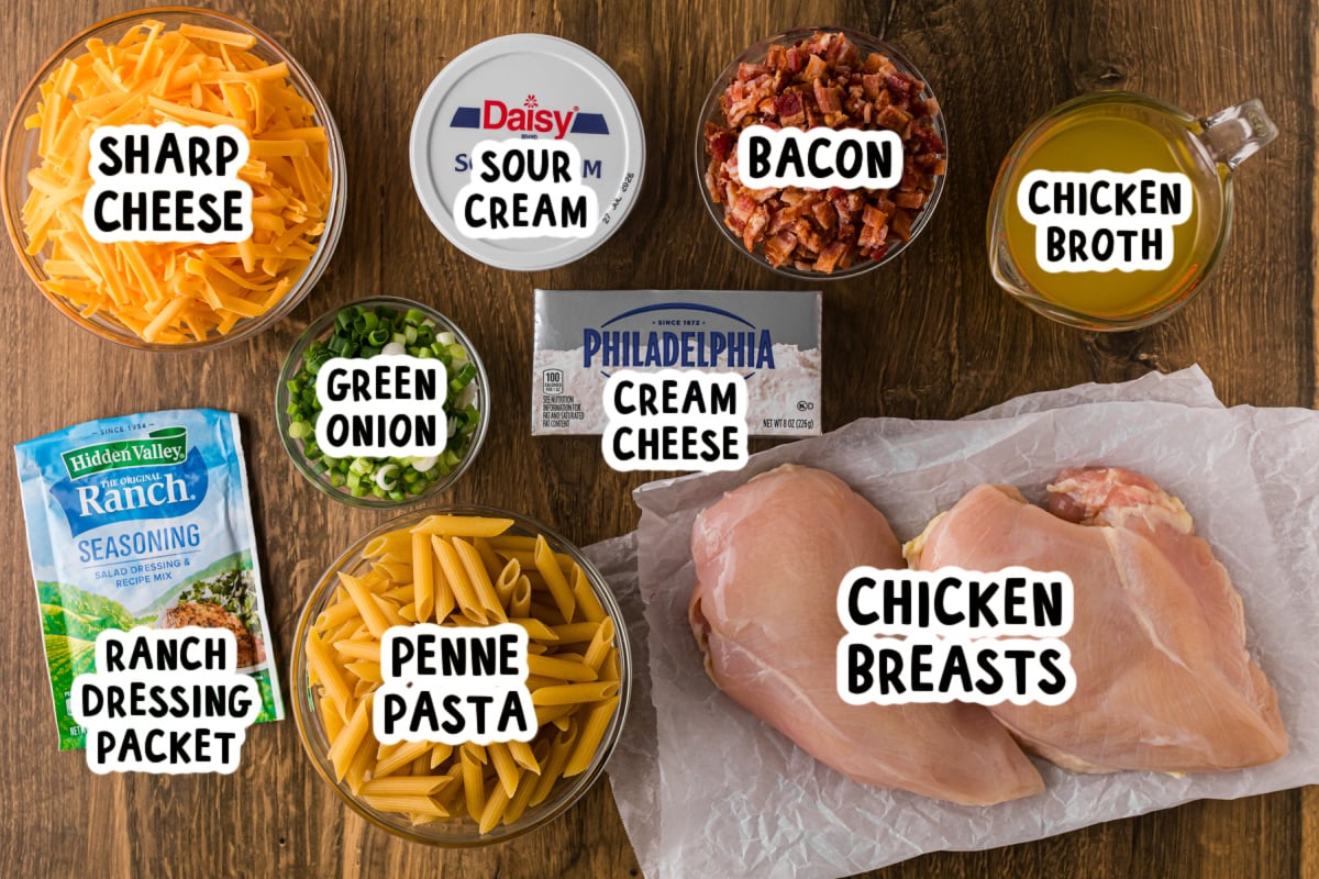 Ingredients for crack chicken pasta on a table.