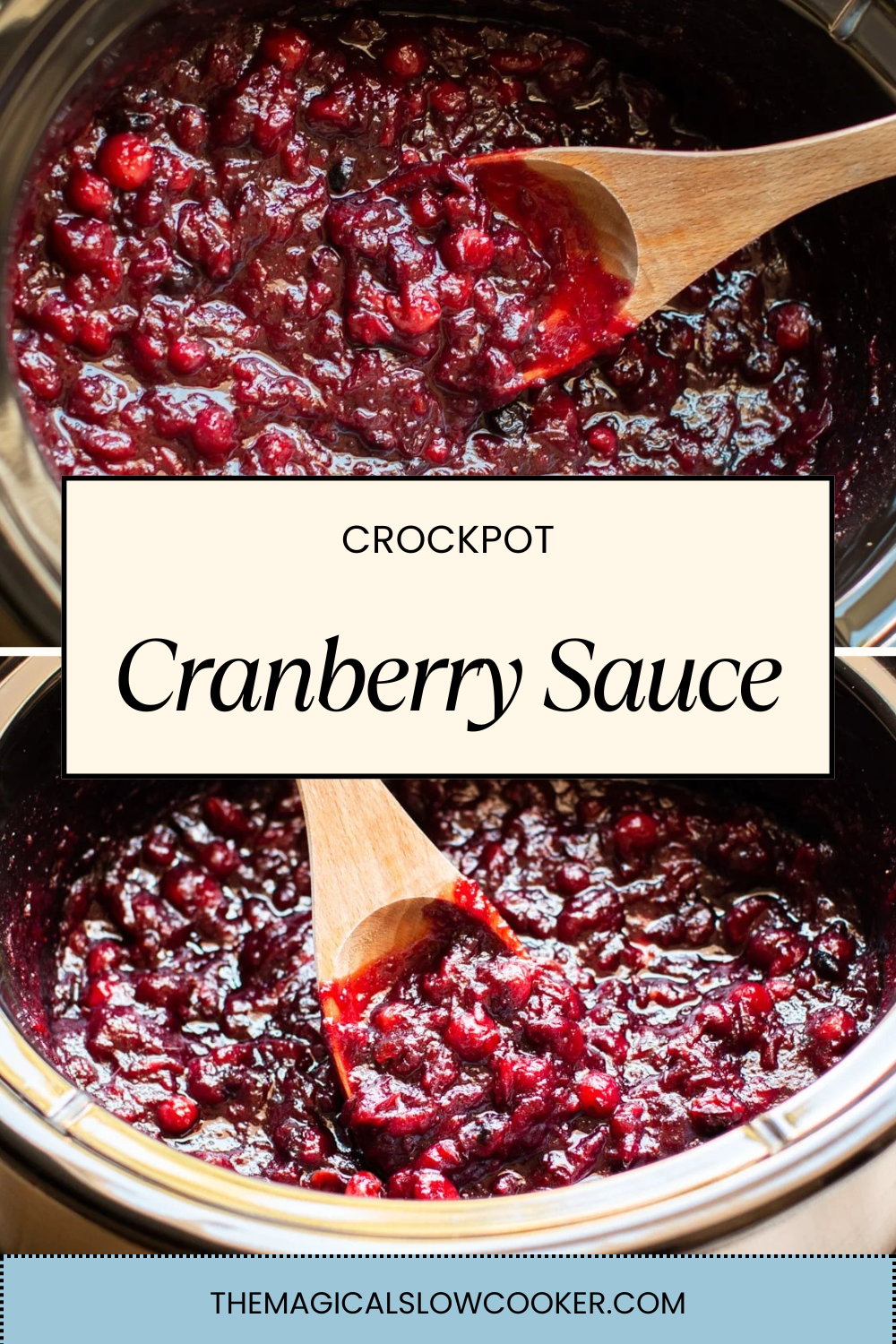 Two images of crockpot cranberry sauce with text overlay.