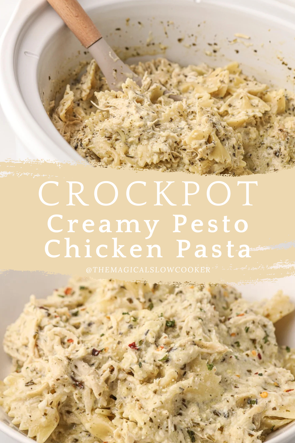 Two images of creamy pesto chicken pasta with text overlay.