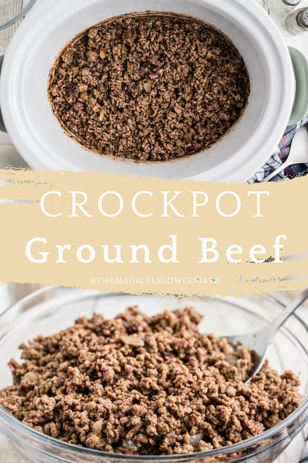 Two images of crockpot ground beef with text overlay.