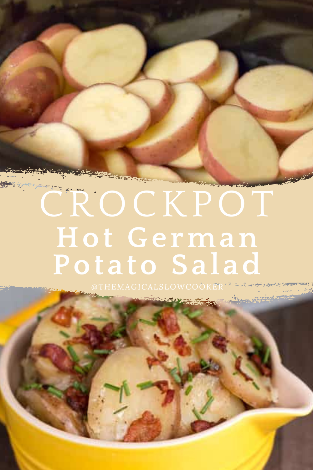 Two images of hot german potato salad with text overlay.