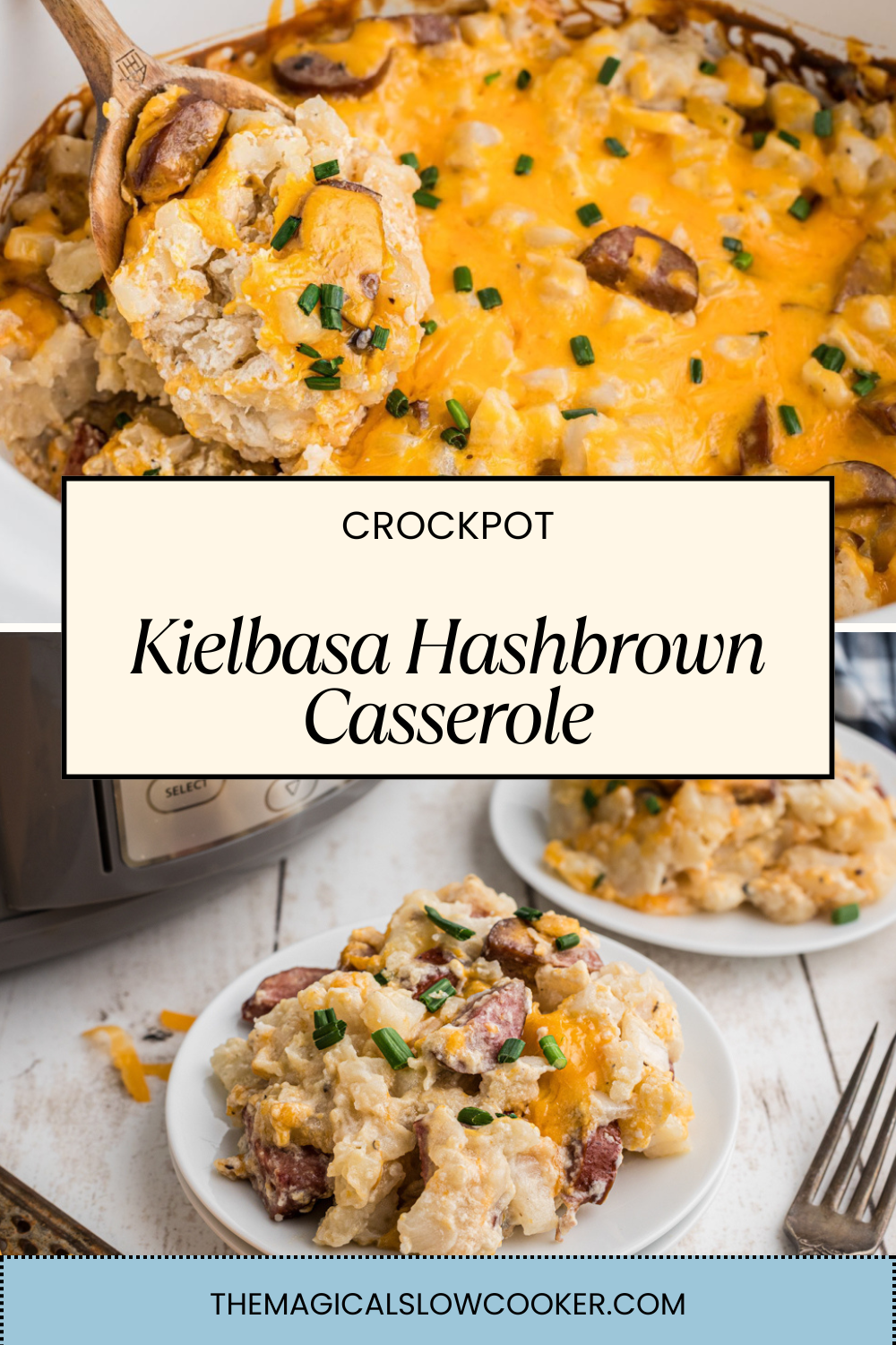 Two images of kielbasa hashbrown casserole with text overlay.