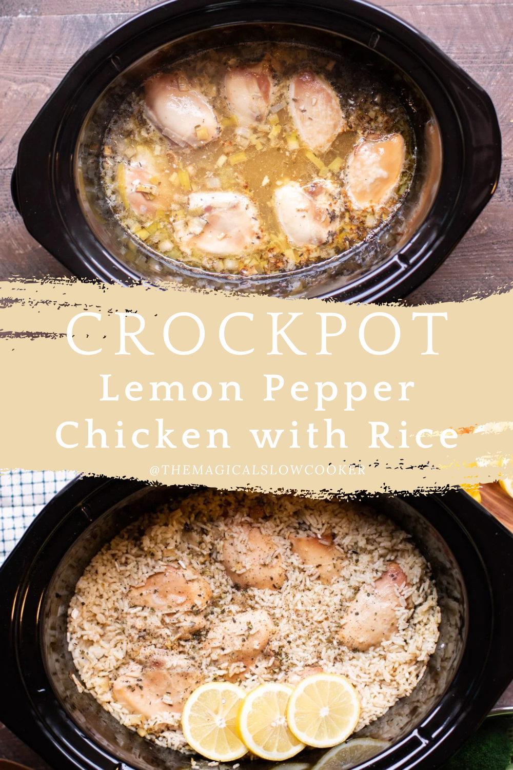 Two images of lemon pepper chicken and rice with text overlay.
