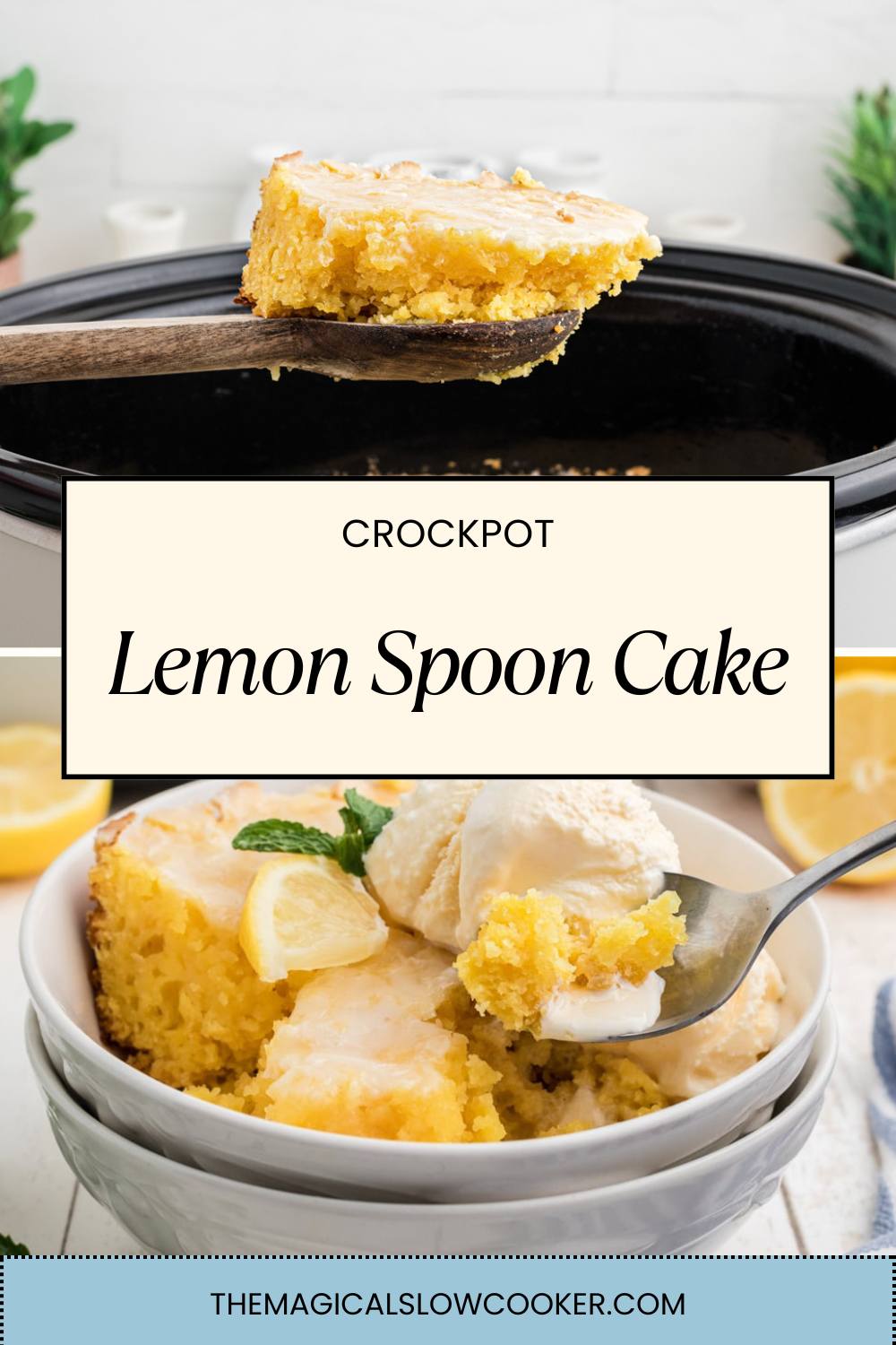 Two images of crockpot lemon spoon cake with text overlay.